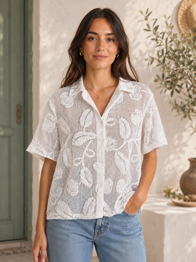 SEQUINNED FLORAL DETAILS MESH SHIRT