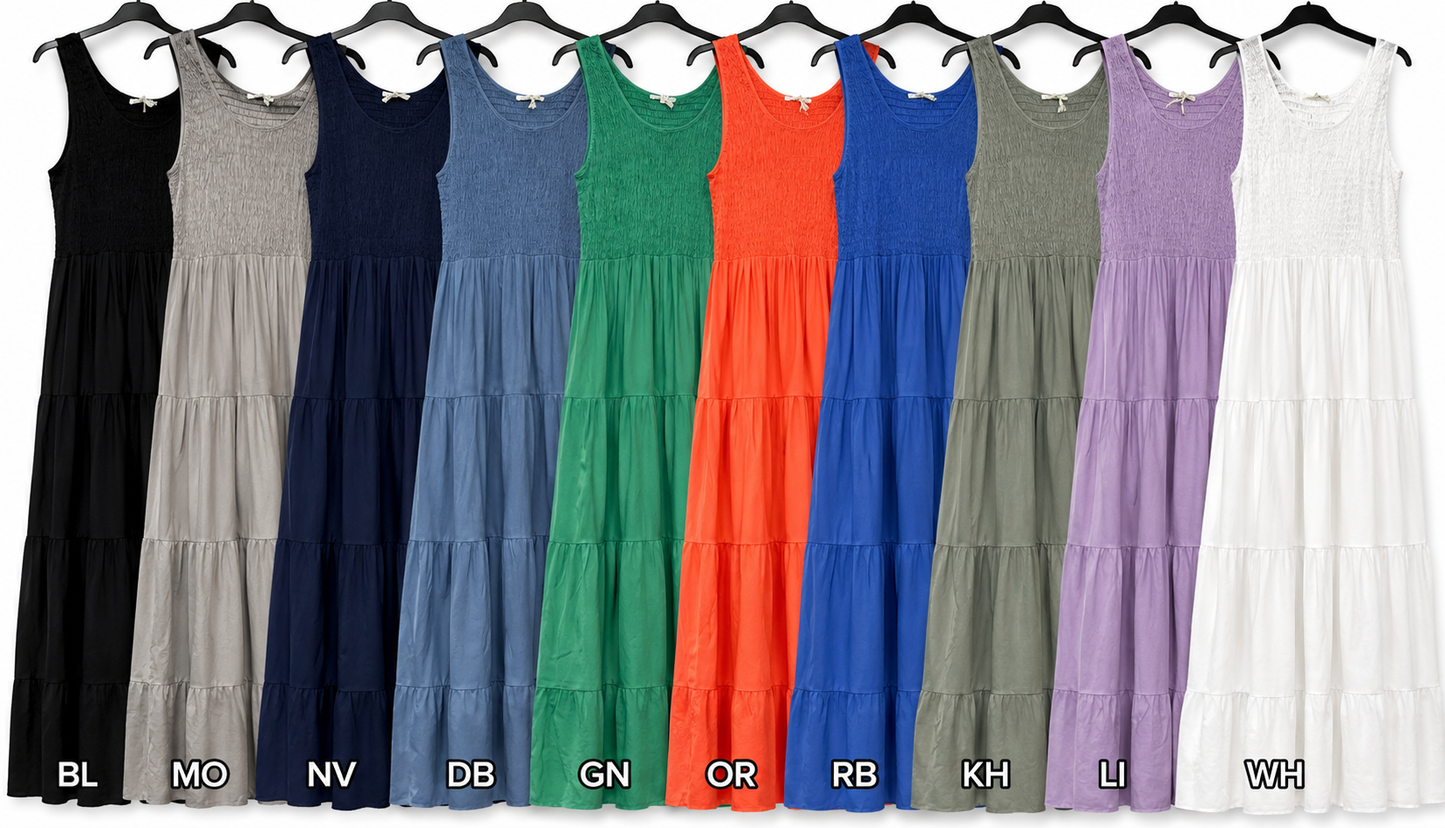 SHIRRED TIERED SLEEVELESS DRESS