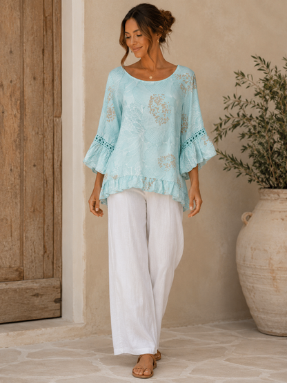 FLORAL PRINT ANGLAISE SLEEVE COTTON TOP