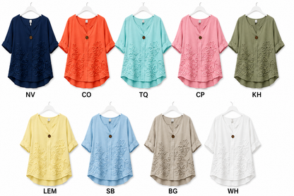 EMBOSSED FLORAL BUTTON COTTON TOP