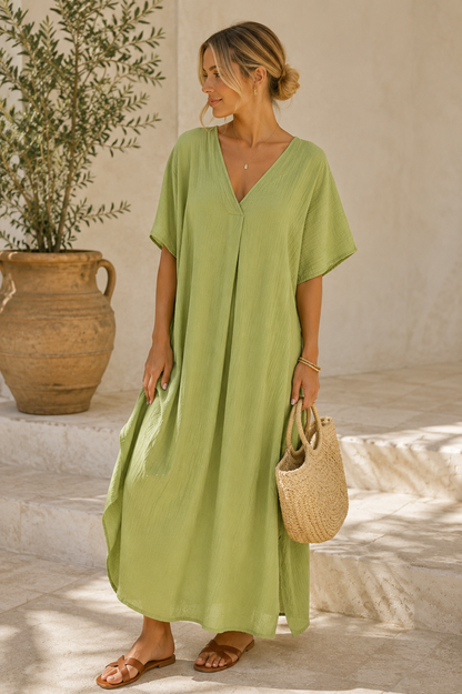CRINKLE V-NECK DRESS