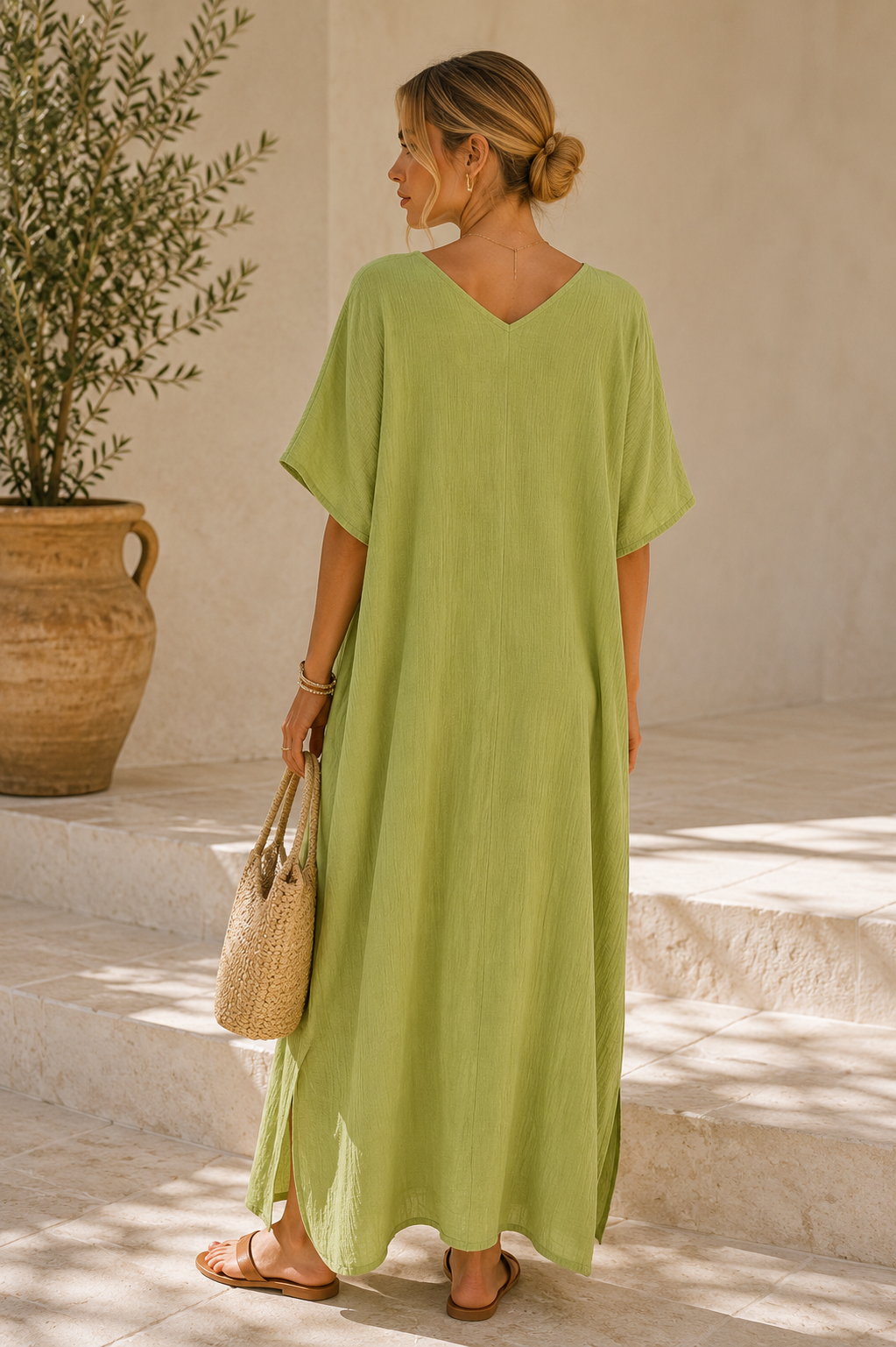 CRINKLE V-NECK DRESS