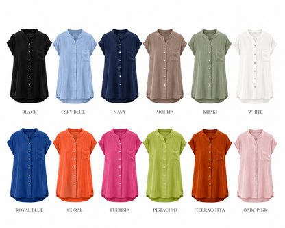 CRINKLE GRANDDAD COLLAR SHORT SLEEVE SHIRT