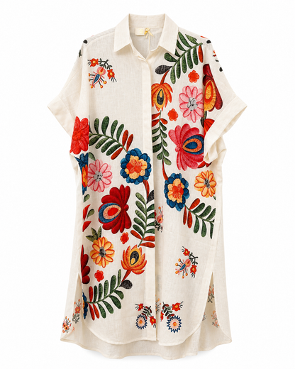 LINEN BLEND MULTI FLORAL SHIRT DRESS