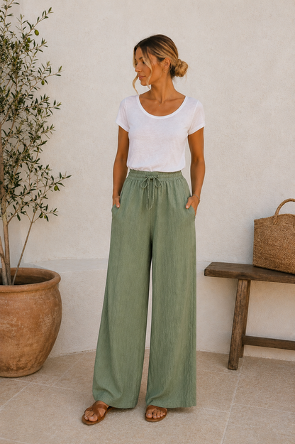 CRINKLE DRAWSTRING SIDE POCKET WIDE LEG TROUSERS