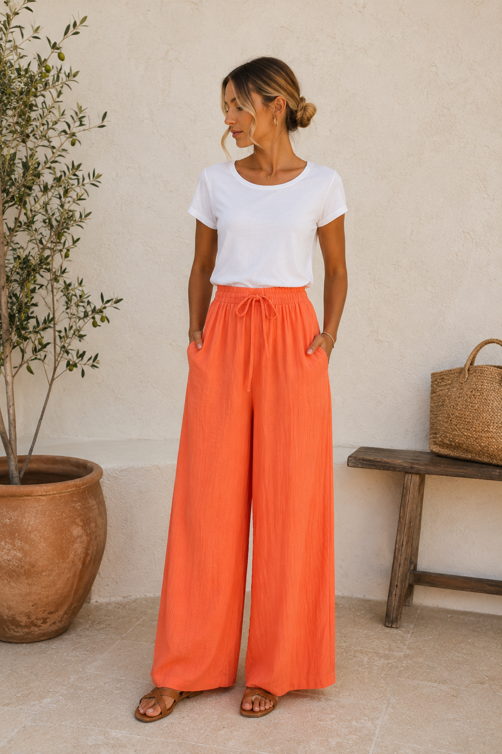 CRINKLE DRAWSTRING SIDE POCKET WIDE LEG TROUSERS
