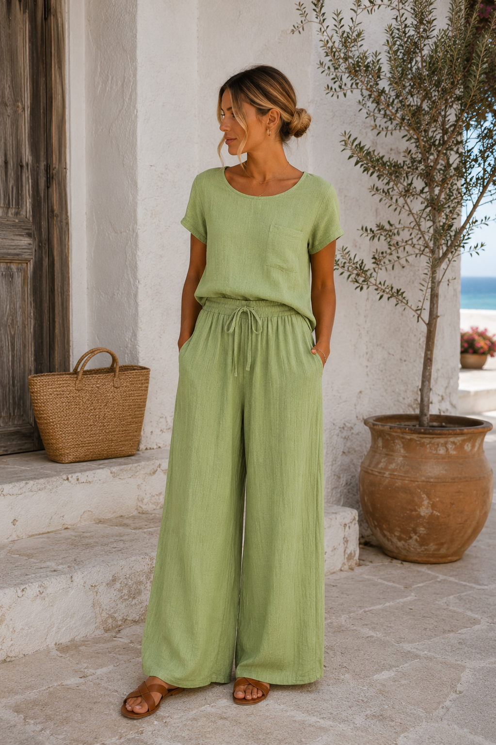 CRINKLE DRAWSTRING SIDE POCKET WIDE LEG TROUSERS