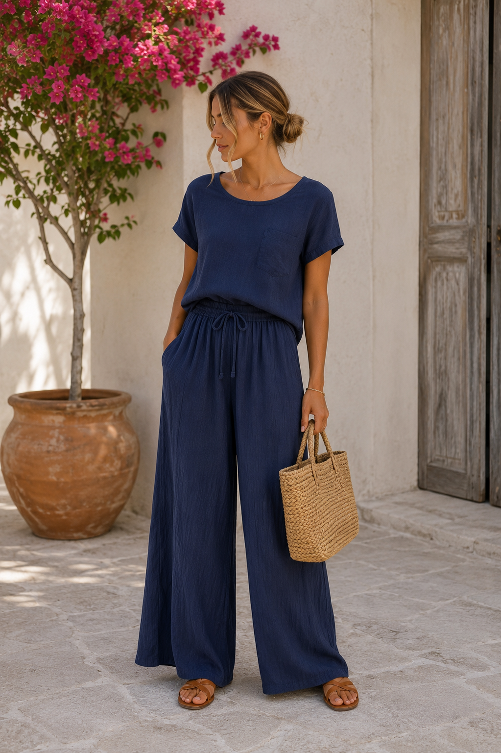 CRINKLE DRAWSTRING SIDE POCKET WIDE LEG TROUSERS