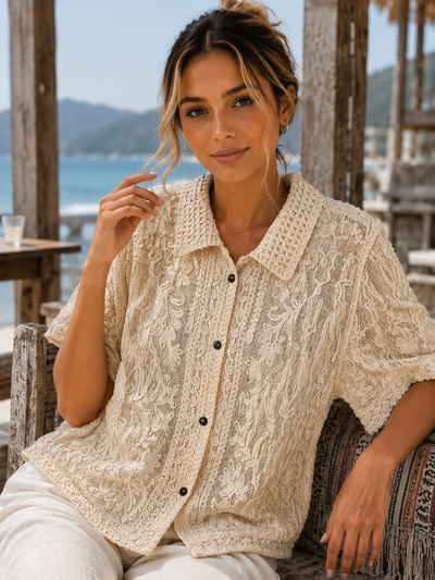 COTTON COLLARED BUTTON THROUGH MESH TOP