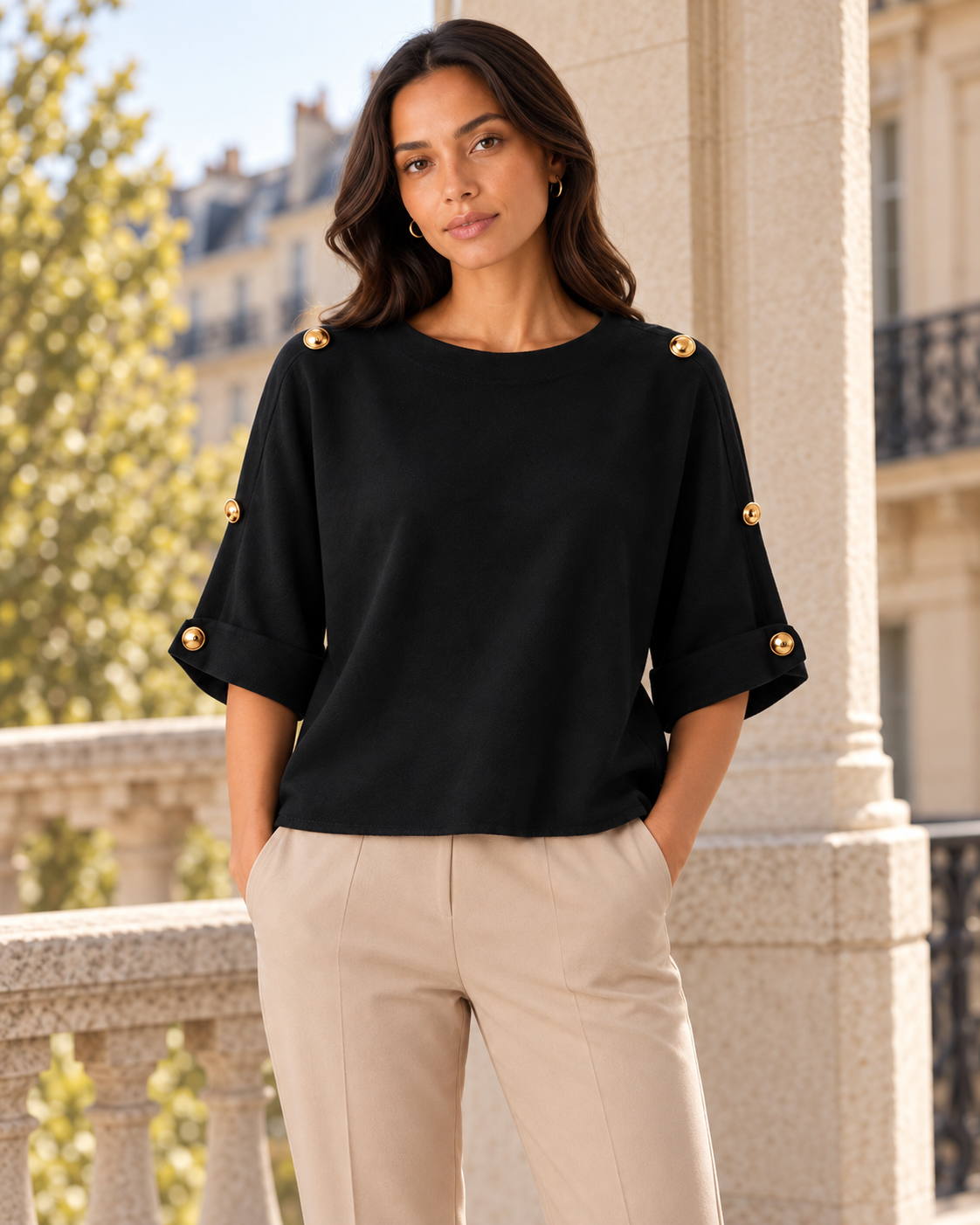 GOLD BUTTON FOLDED SLEEVE JUMPER