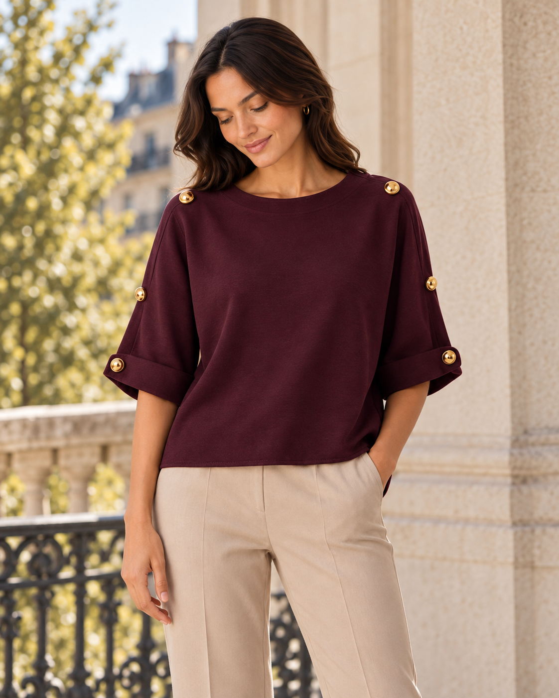 GOLD BUTTON FOLDED SLEEVE JUMPER