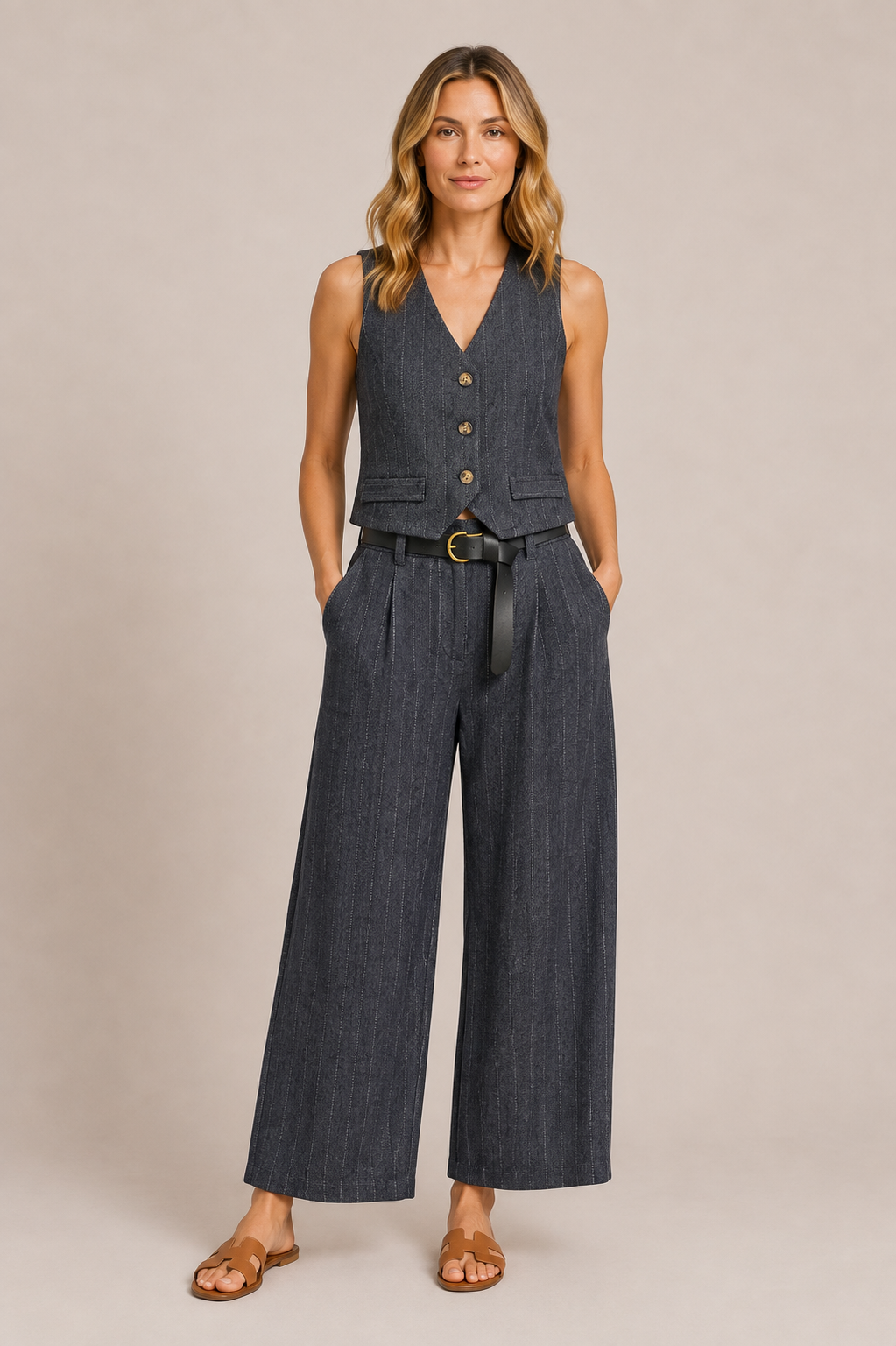 BELTED STRIPED WIDE LEG TROUSERS