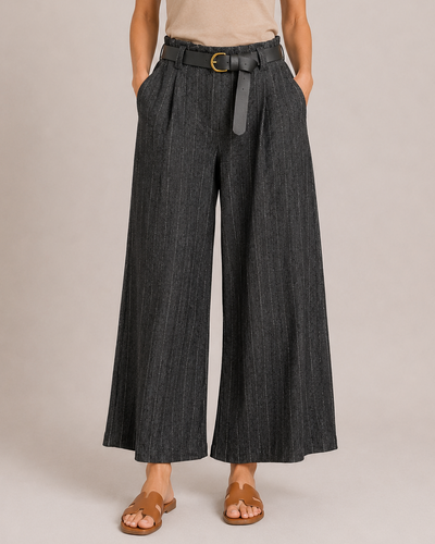 BELTED STRIPED WIDE LEG TROUSERS