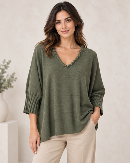 KNIT DETAIL V-NECK HALF SLEEVE JUMPER