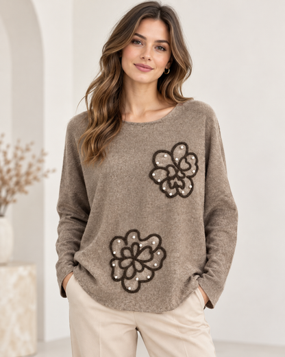 FLOWER PEARL SCOOP NECK JUMPER