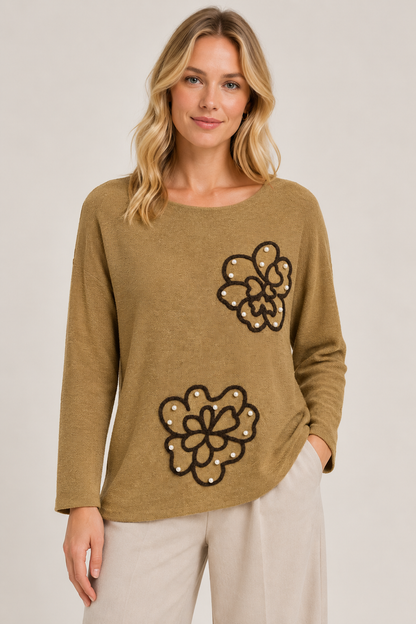 FLOWER PEARL SCOOP NECK JUMPER