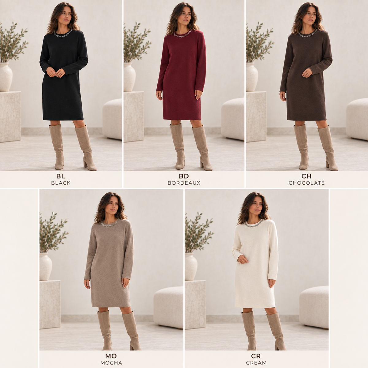 LONG SLEEVE DIAMOND NECK DRESS