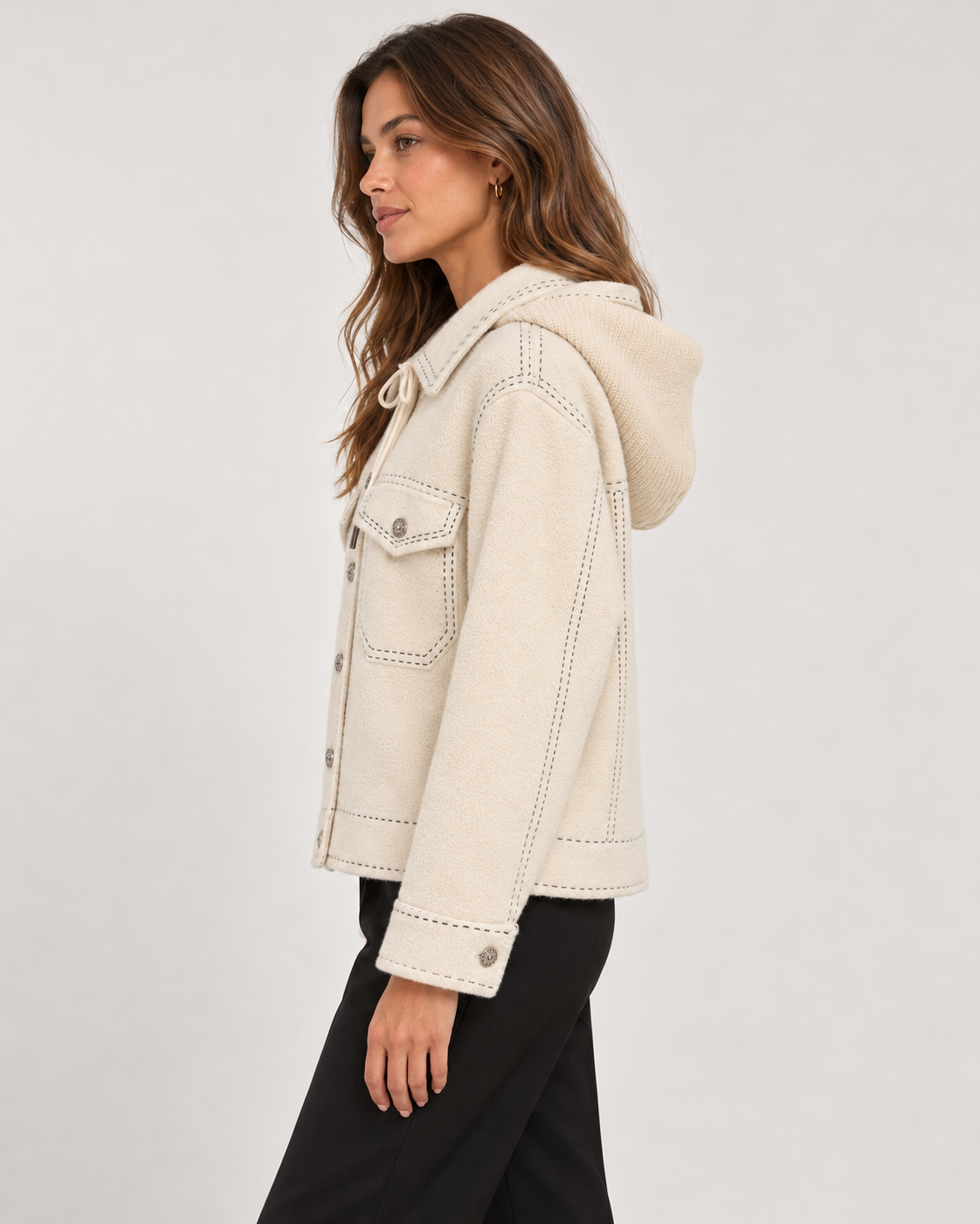 WOOL BLEND COLLAR HOODED JACKET