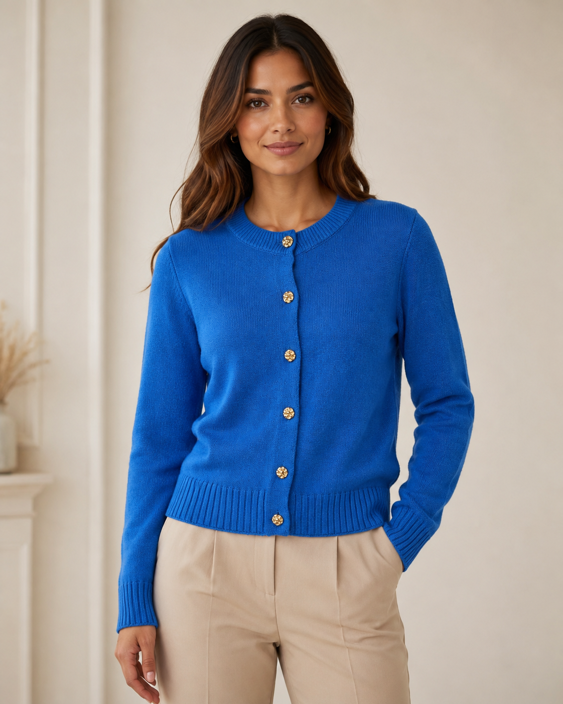 RIBBED GOLD BUTTON CARDIGAN