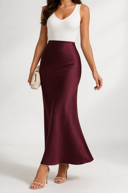 ELASTICATED WAIST PLAIN SATIN SKIRT [PK-2]