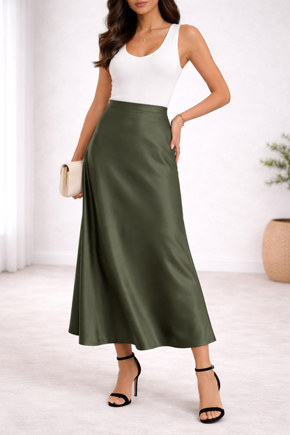 ELASTICATED WAIST PLAIN SATIN SKIRT [PK-2]