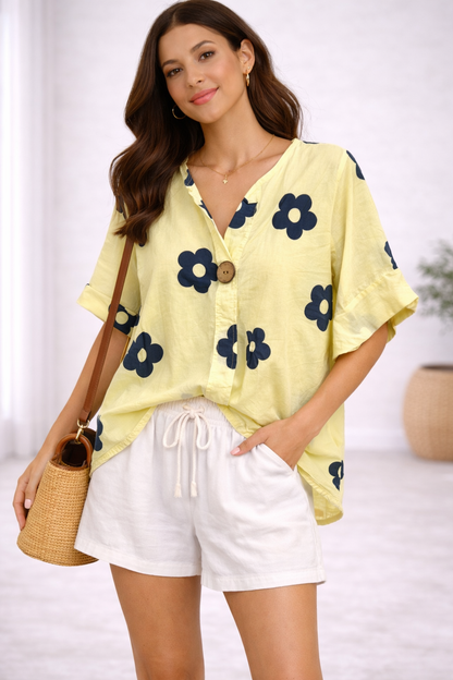 FLOWER PRINT ONE BUTTONED COTTON TOP