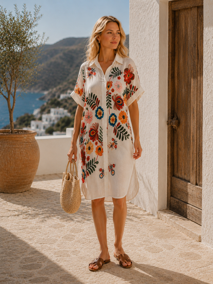 LINEN BLEND MULTI FLORAL SHIRT DRESS - G7 Clothing LINEN BLEND MULTI FLORAL SHIRT DRESS - G7 Clothing