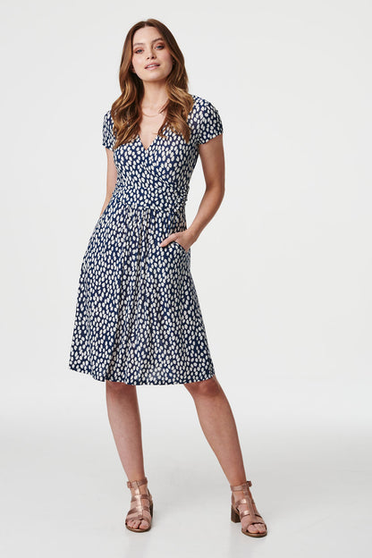 Leaf Print Tie Waist Knee Length Dress in NAVY [PK-8]