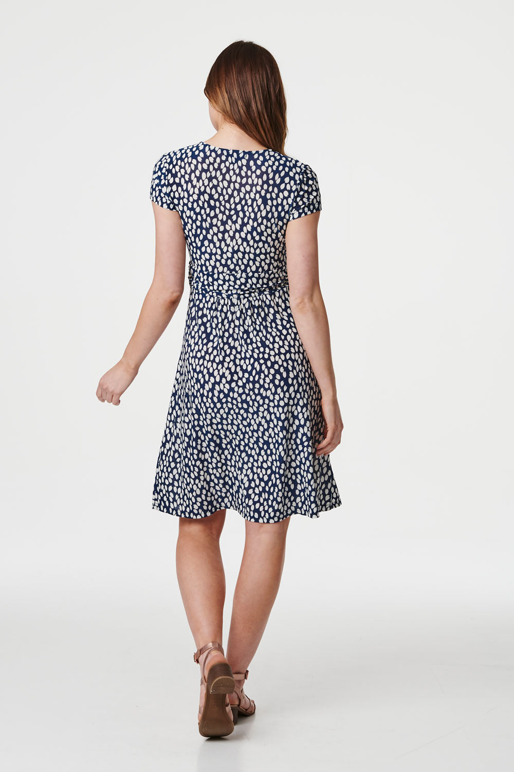 Leaf Print Tie Waist Knee Length Dress in NAVY [PK-8]