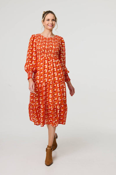 Printed Puff Sleeve Smocked Midi Dress in ORANGE [PK-8]