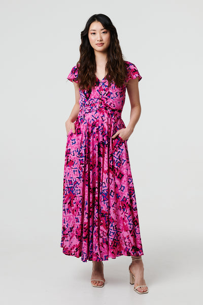 Printed V-Neck Angel Sleeve Maxi Dress in MULTI PINK [PK-8]