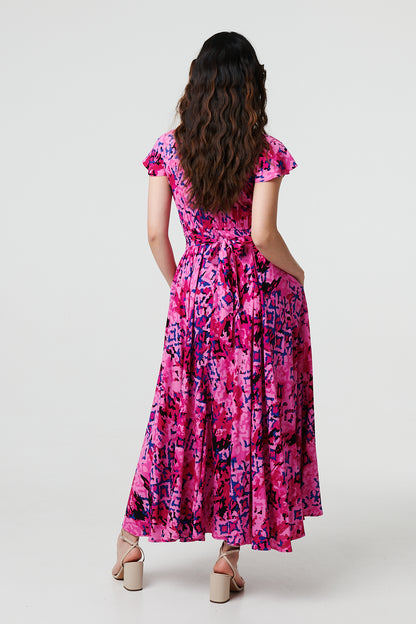 Printed V-Neck Angel Sleeve Maxi Dress in MULTI PINK [PK-8]