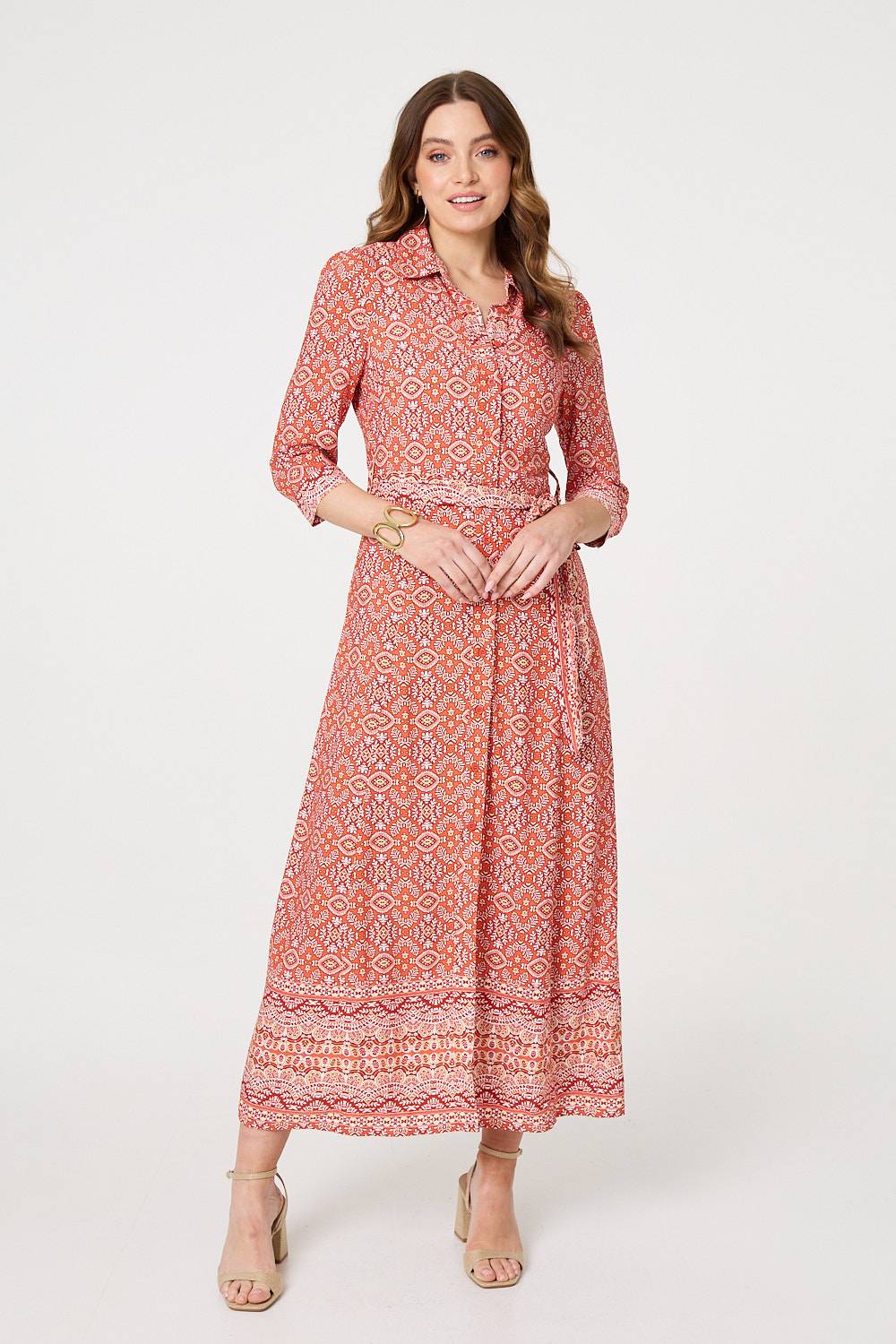 Geo Print 3/4 Sleeve Tie Waist Maxi Shirt Dress [PK-8]