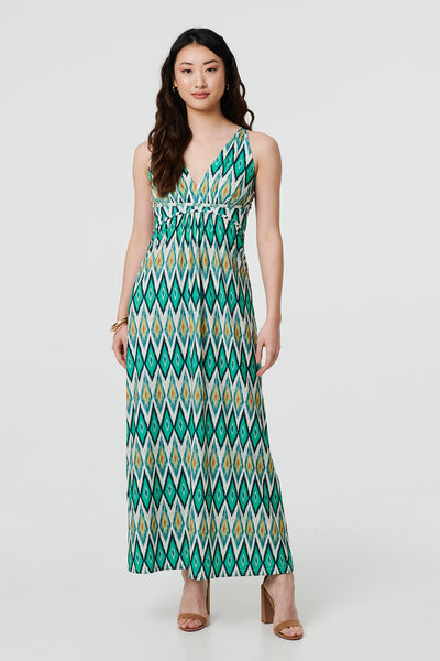 Abstract Sleeveless V-Neck Maxi Dress in MULTI GREEN [PK-8]