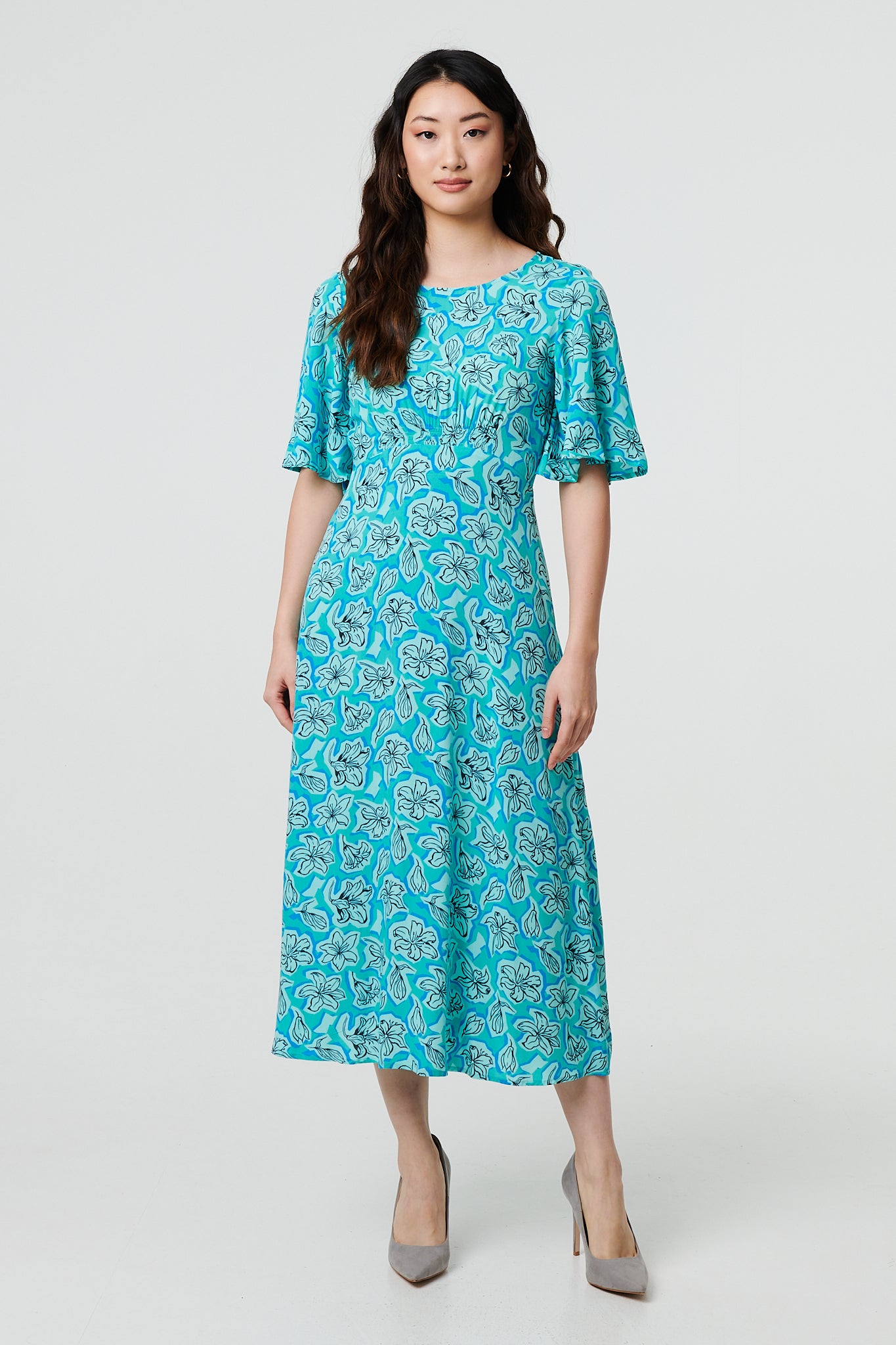 Floral 1/2 Angel Sleeve Relaxed Midi Dress in GREEN [PK-8]