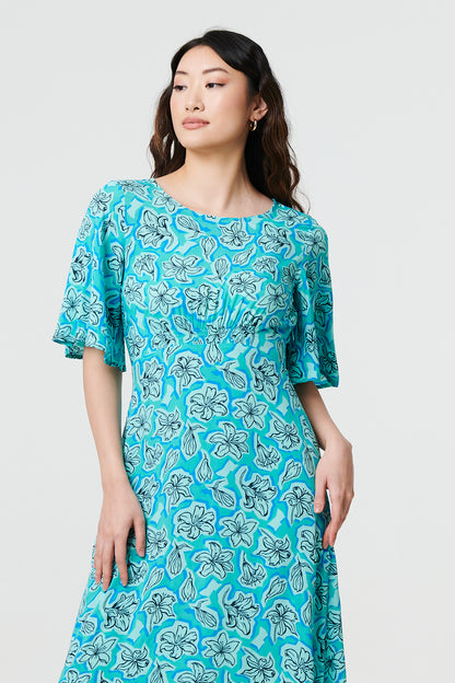 Floral 1/2 Angel Sleeve Relaxed Midi Dress in GREEN [PK-8]