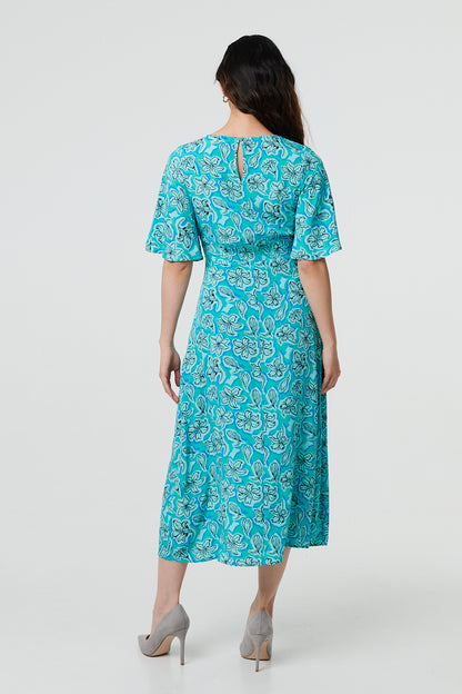 Floral 1/2 Angel Sleeve Relaxed Midi Dress in GREEN [PK-8]