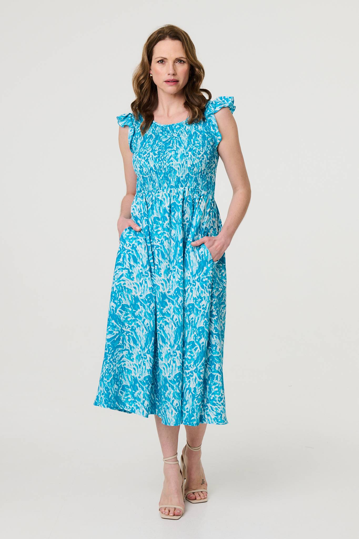 Floral Frill Cap Sleeve Midi Smock Dress in BLUE & RED [PK-8]