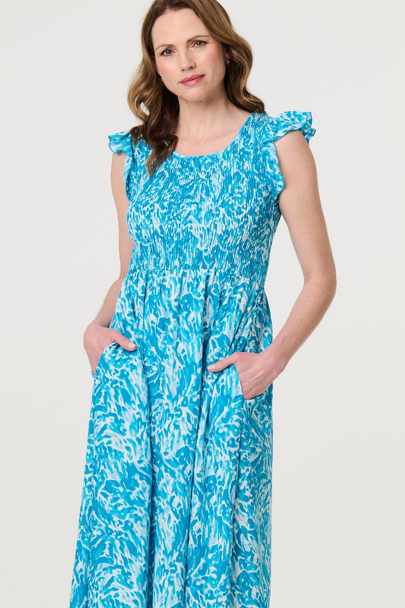 Floral Frill Cap Sleeve Midi Smock Dress in BLUE & RED [PK-8]