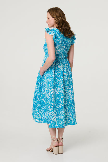 Floral Frill Cap Sleeve Midi Smock Dress in BLUE & RED [PK-8]