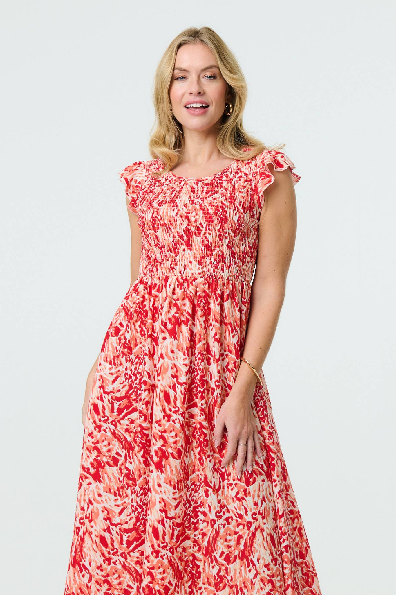 Floral Frill Cap Sleeve Midi Smock Dress in BLUE & RED [PK-8]