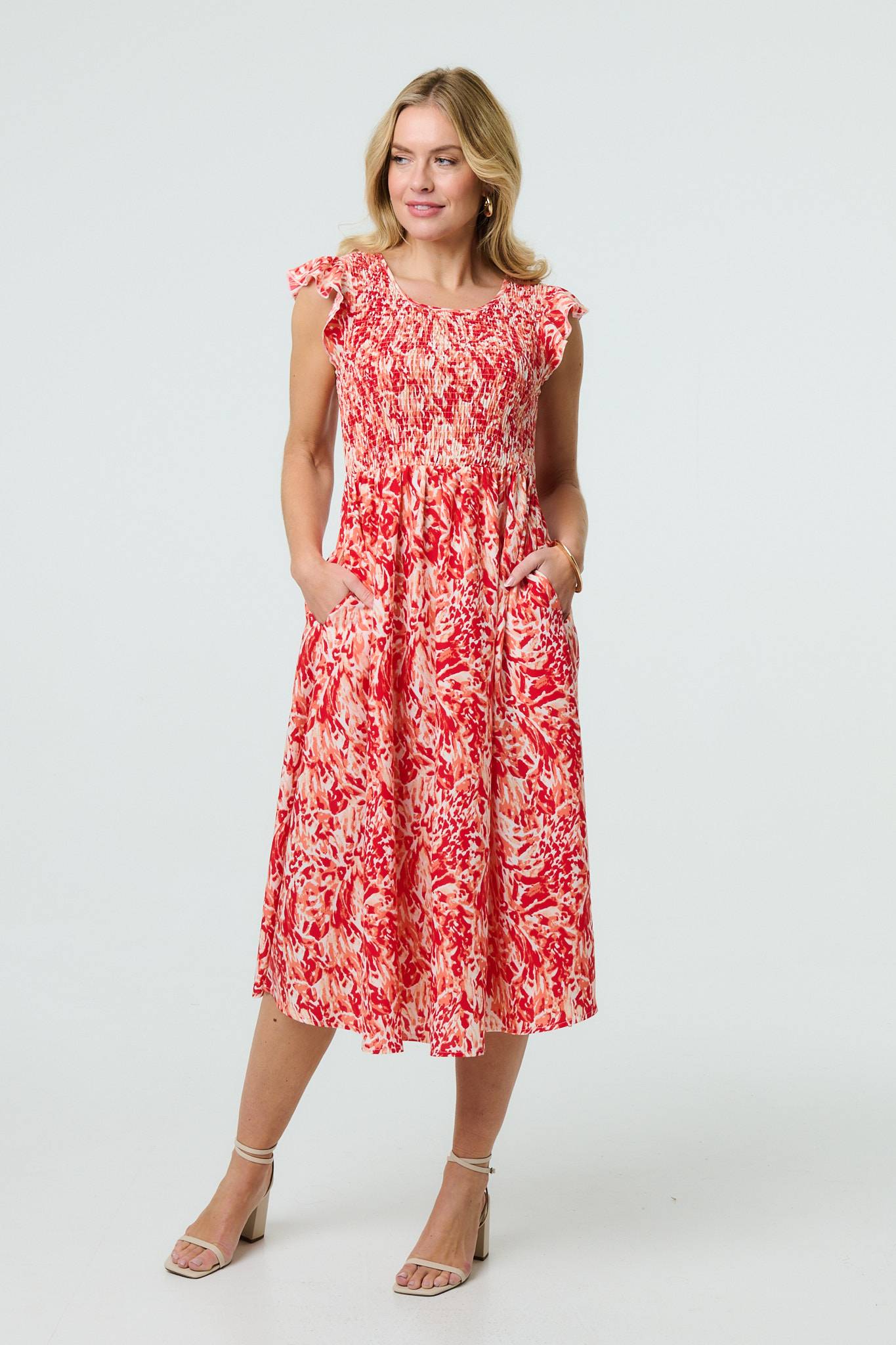 Floral Frill Cap Sleeve Midi Smock Dress in BLUE & RED [PK-8]