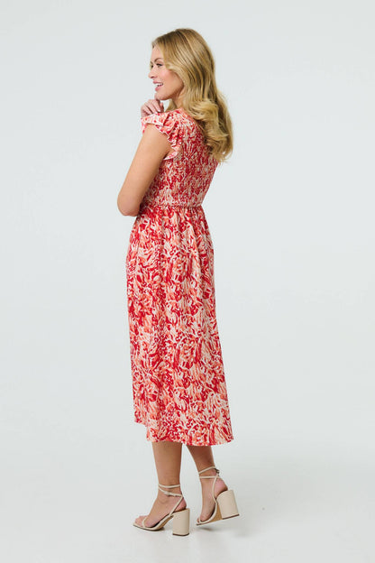 Floral Frill Cap Sleeve Midi Smock Dress in BLUE & RED [PK-8]