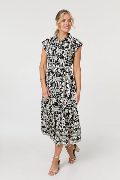 COLLARED TIE WAIST FLORAL MIDI DRESS [PK-8]