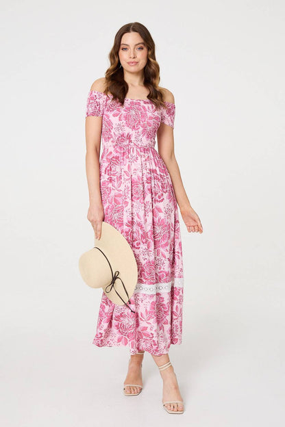 FLORAL SMOCKED BARDOT TOP MAXI DRESS IN PINK [PK-8]