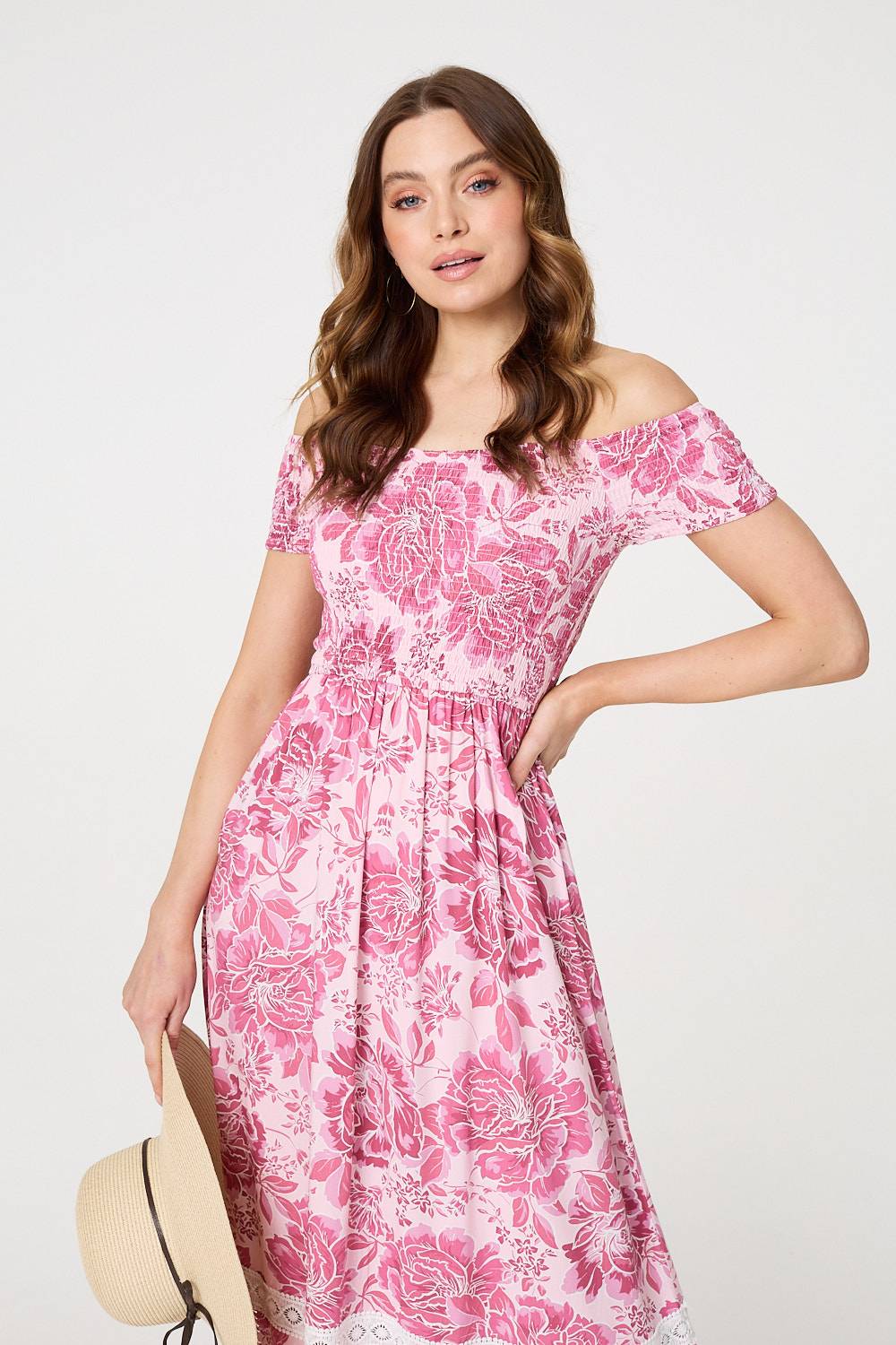 FLORAL SMOCKED BARDOT TOP MAXI DRESS IN PINK [PK-8]