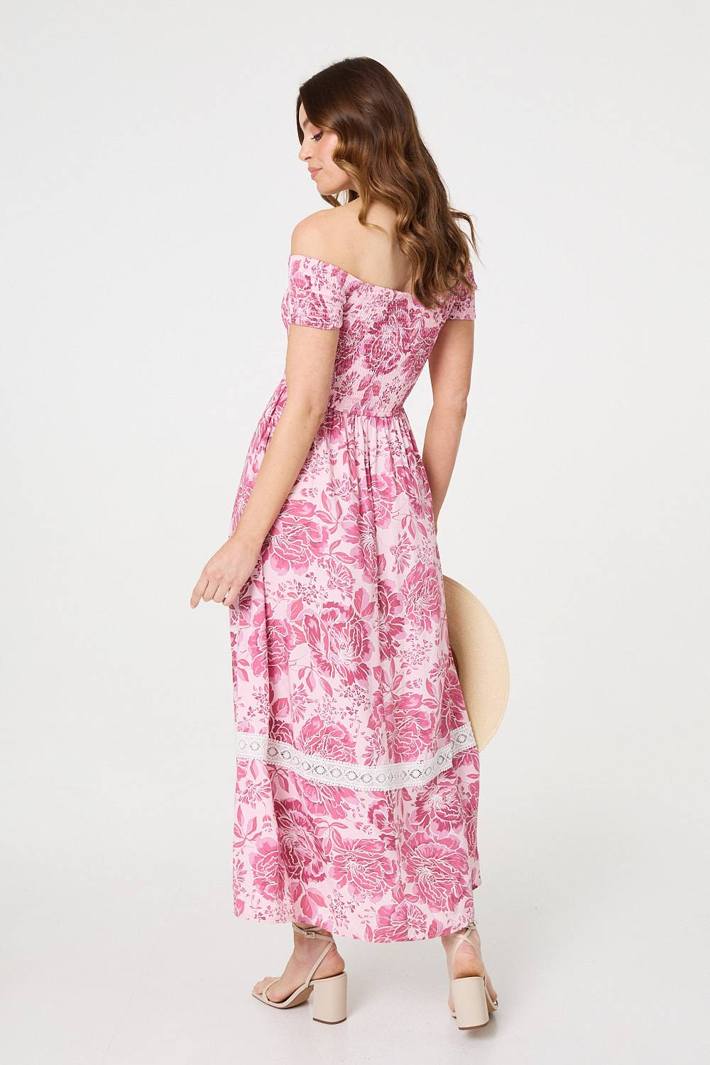 FLORAL SMOCKED BARDOT TOP MAXI DRESS IN PINK [PK-8]