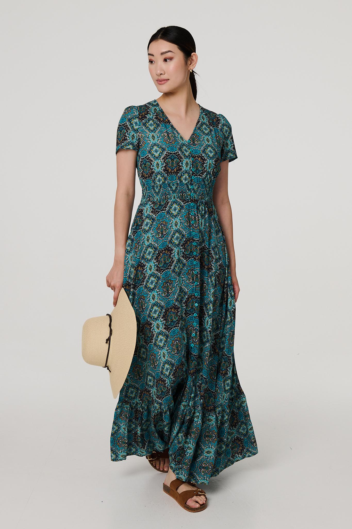 Printed Short Sleeve Shirred Maxi Dress in MULTI GREEN [PK-8]