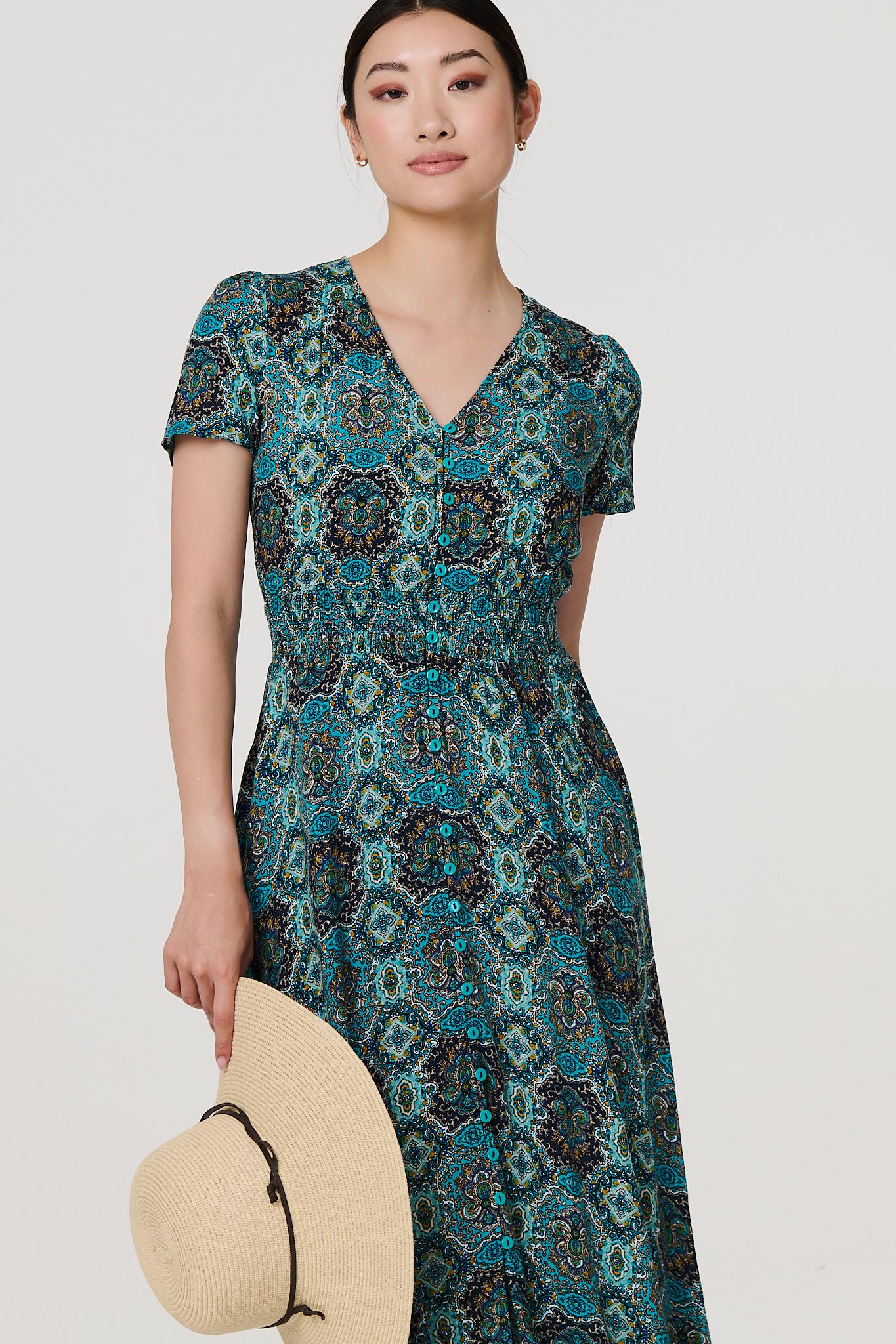 Printed Short Sleeve Shirred Maxi Dress in MULTI GREEN [PK-8]