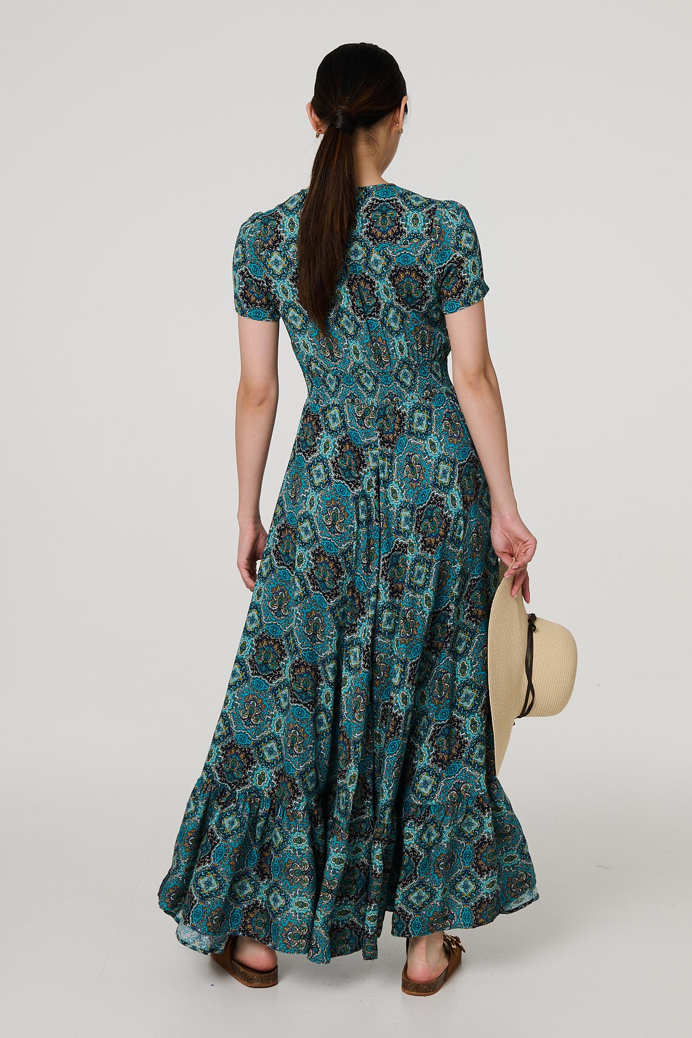 Printed Short Sleeve Shirred Maxi Dress in MULTI GREEN [PK-8]